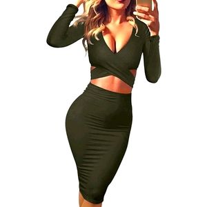 Sexy Long Sleeve Cross Wrap Cut Out Bodycon Midi